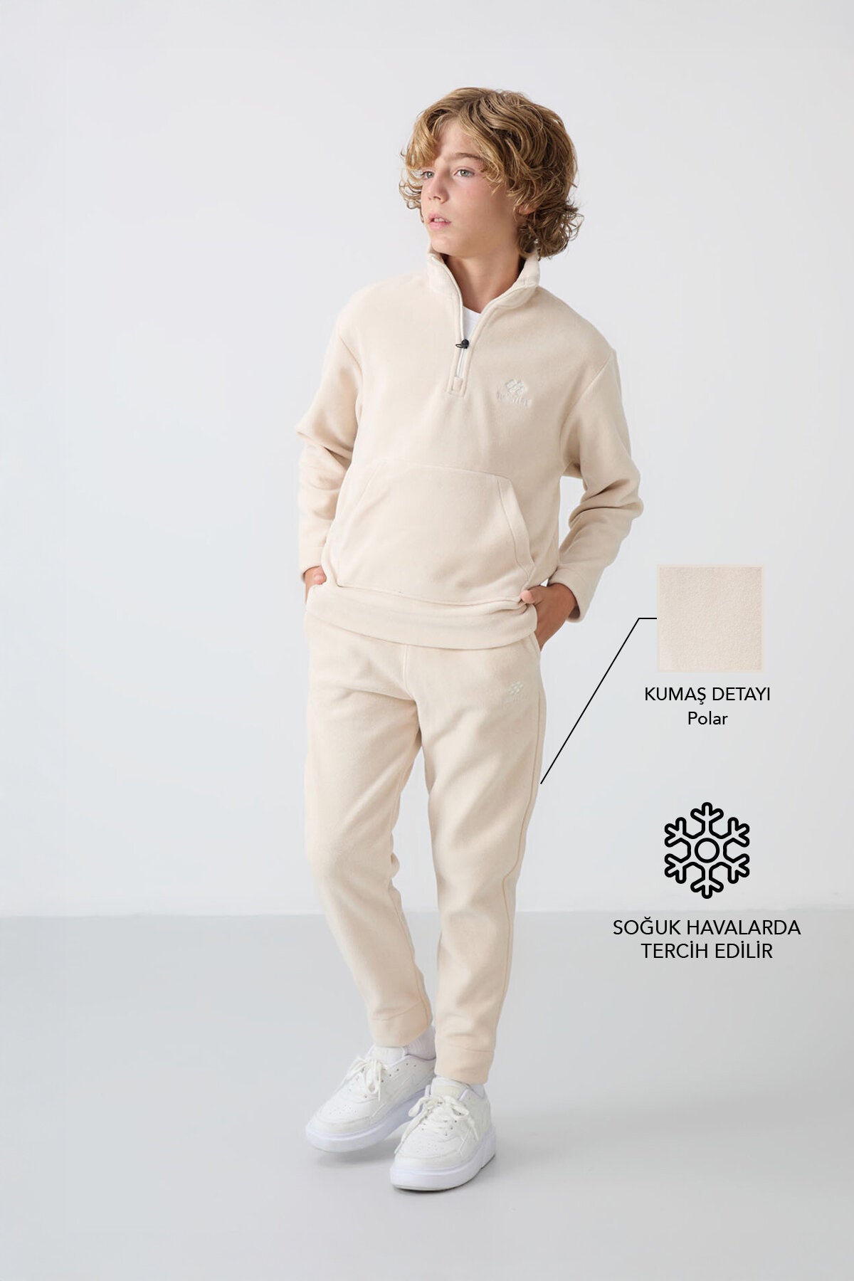 Bej Kalın Yumuşak Dokulu Standart Fit Nakışlı Polar Erkek Çocuk Eşofman Takım - 11218