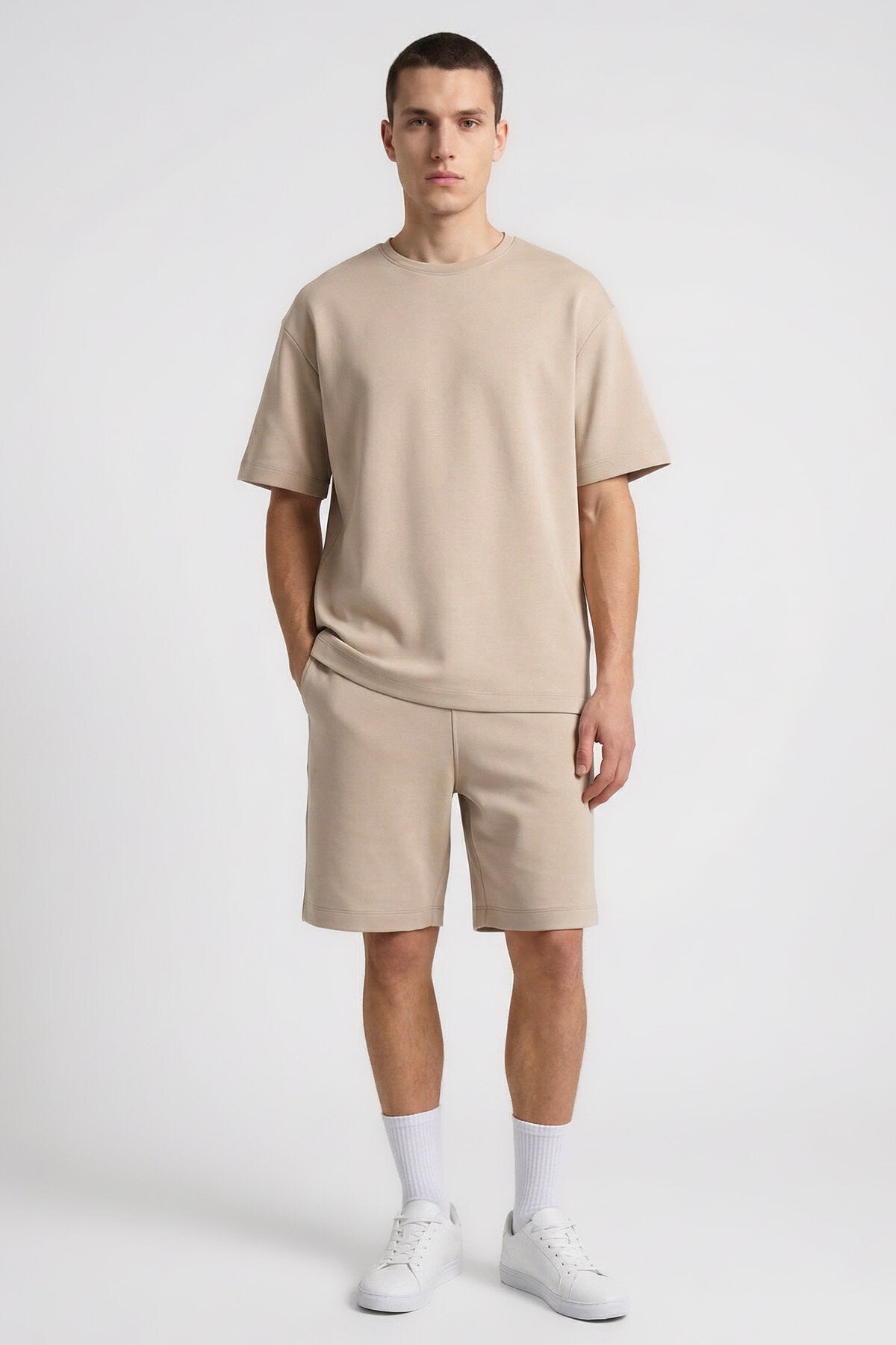 Bej Oversize Fit Basic Erkek Şort Takım - 85292