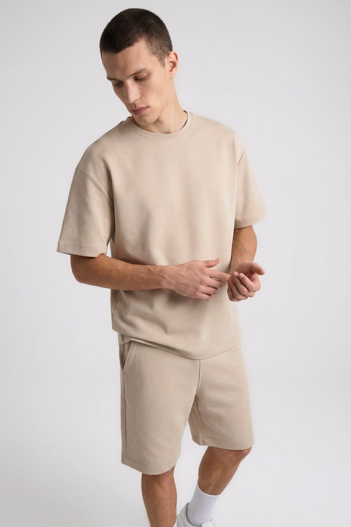 Bej Oversize Fit Basic Erkek Şort Takım - 85292