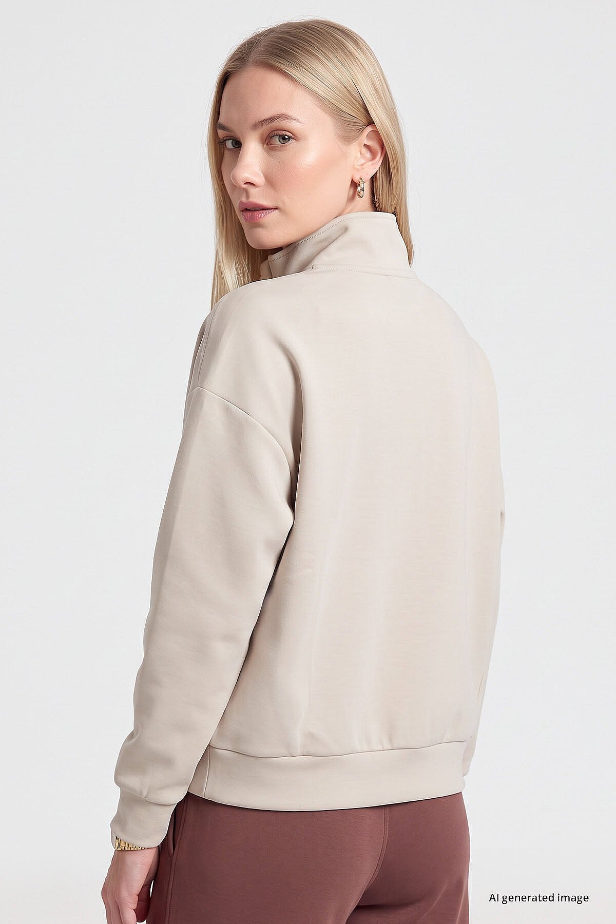 Bej Dik Yaka Fermuarlı Rahat Form Kadın Sweatshirt - 97314
