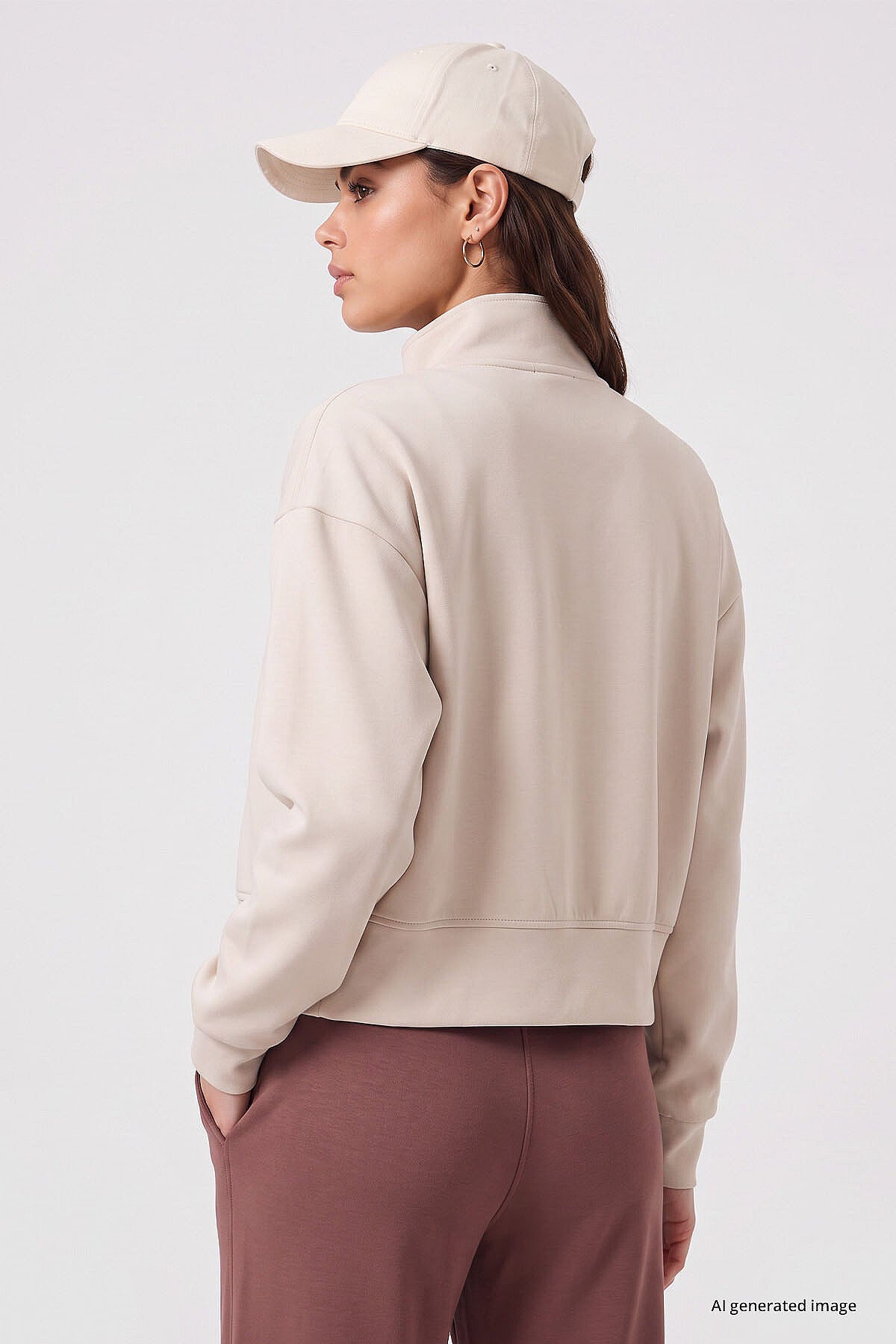 Bej Dik Yaka Standart Kalıp Crop Kadın Sweatshirt - 97317