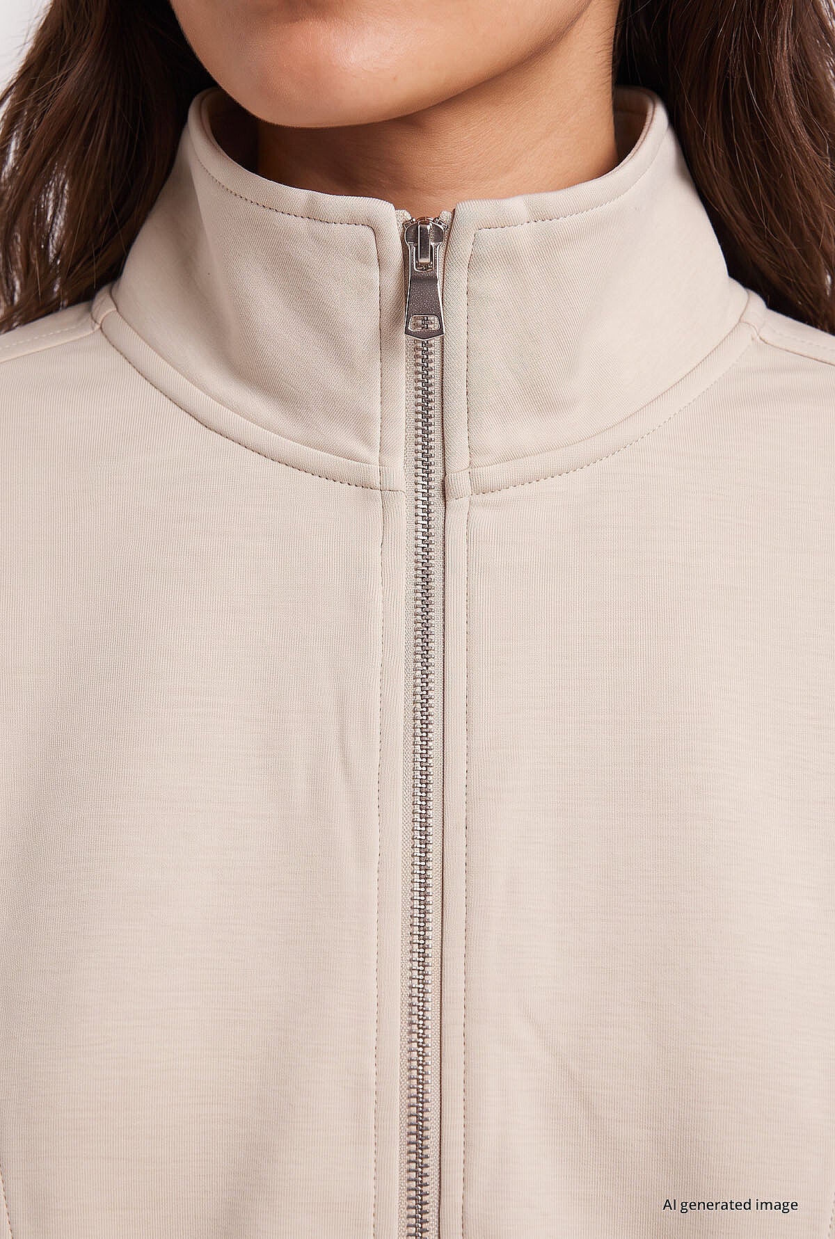 Bej Dik Yaka Standart Kalıp Crop Kadın Sweatshirt - 97317