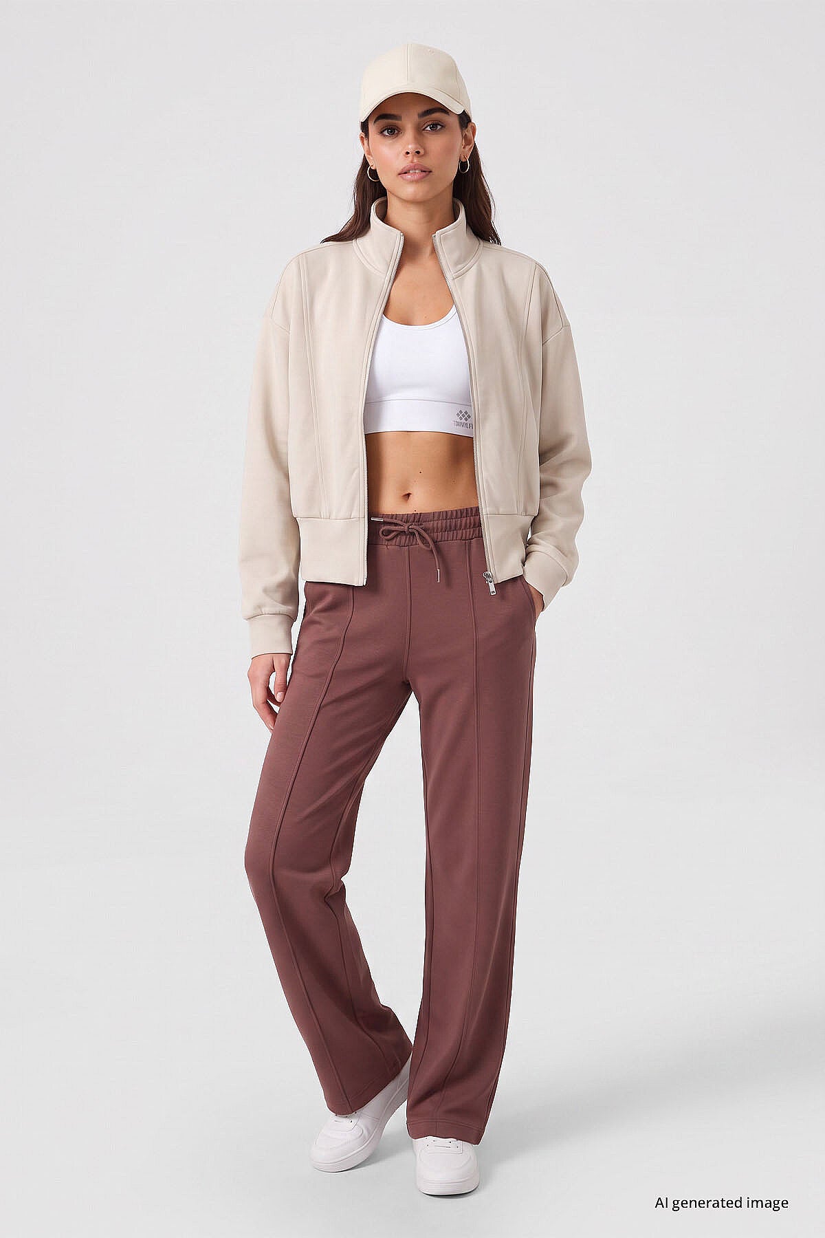 Bej Dik Yaka Standart Kalıp Crop Kadın Sweatshirt - 97317