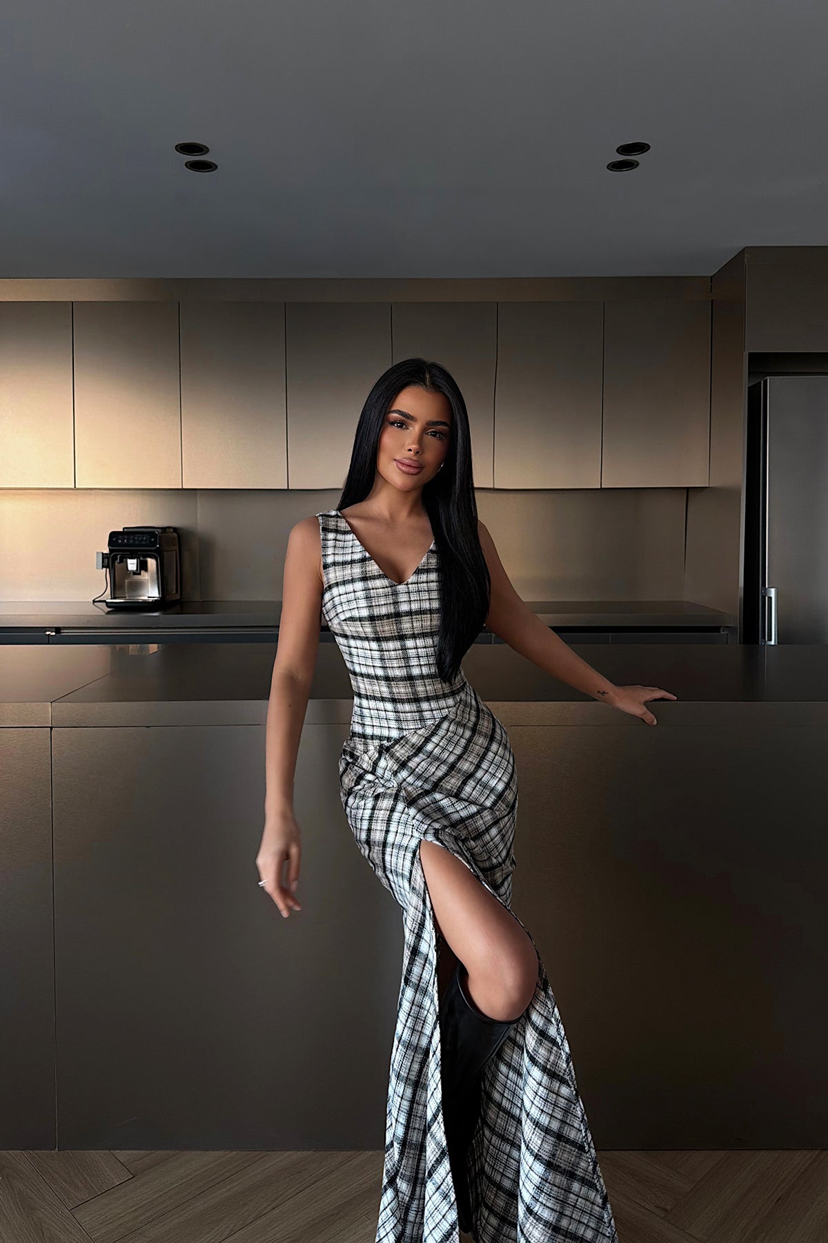 Briar Yırtmaçlı Ekose Uzun Elbise ATE-4232 XS