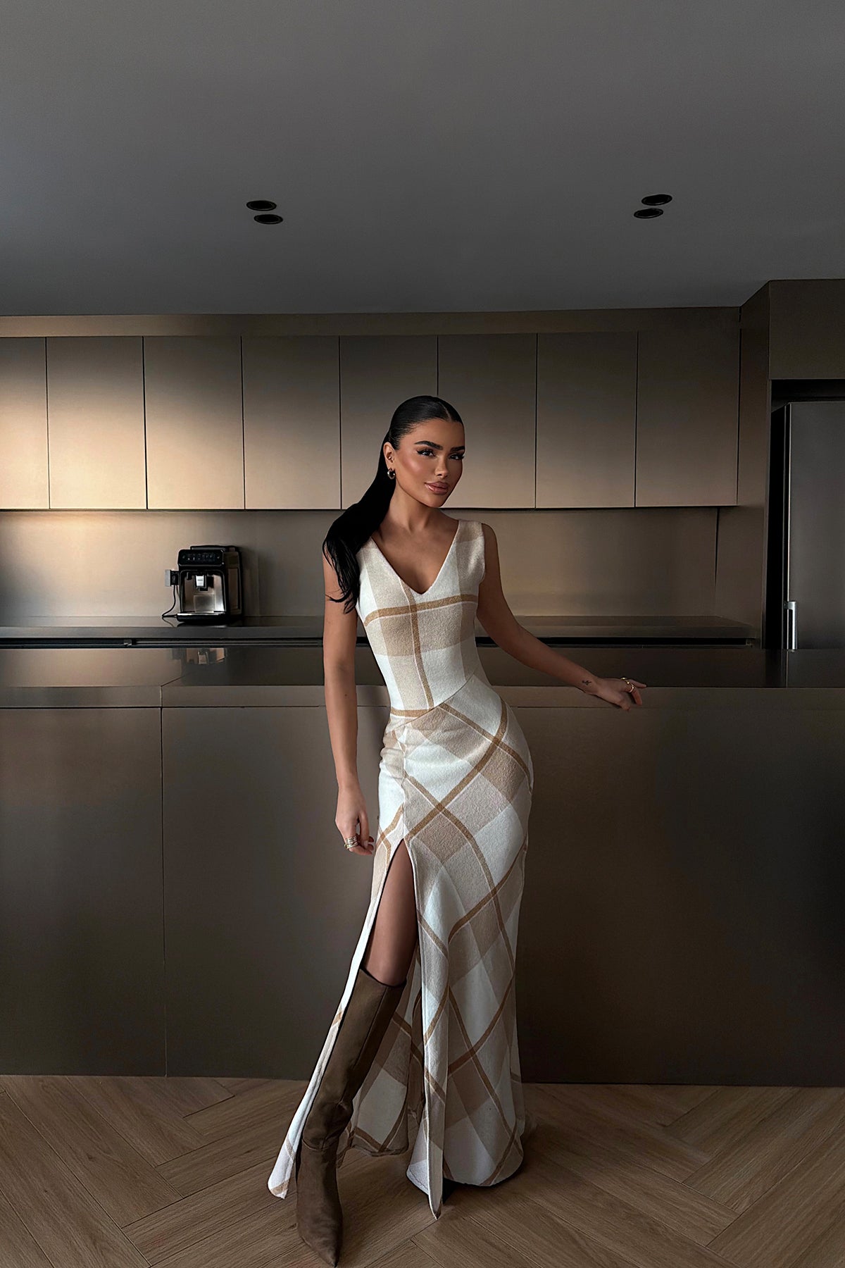 Briar Yırtmaçlı Ekose Uzun Elbise ATE-4222