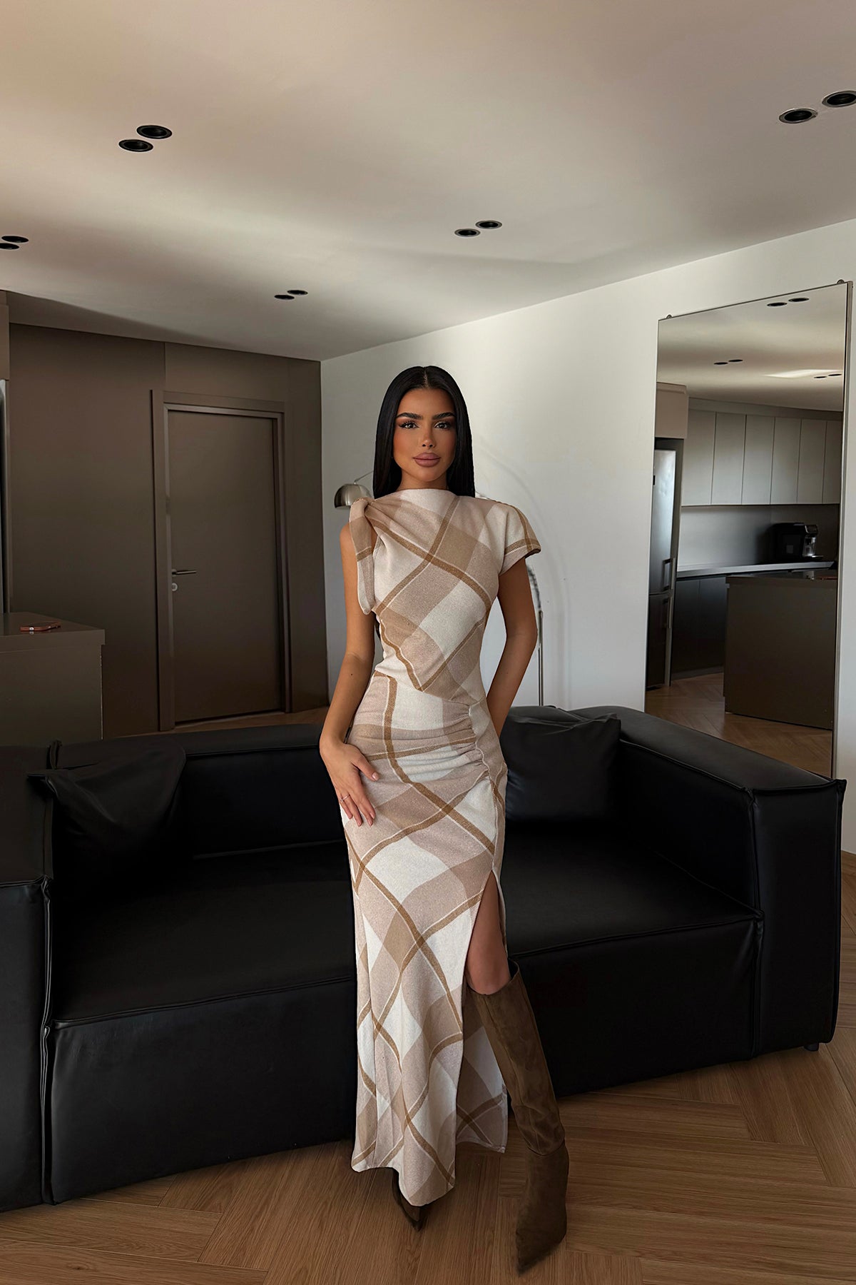 Bej Aveline Desenli Yırtmaçlı Uzun Elbise ATE-4218 XS