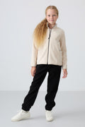 Beige Thick Soft Texture Standard Fit Embroidered Fleece Girls' Sweatshirt - 75154