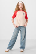 Beige Crew Neck Cotton Printed Oversize Fit Girls' T-Shirt - 75179