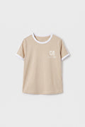 Bej Omuz Biye Detaylı Baskılı Kız Çocuk T-Shirt - 75181