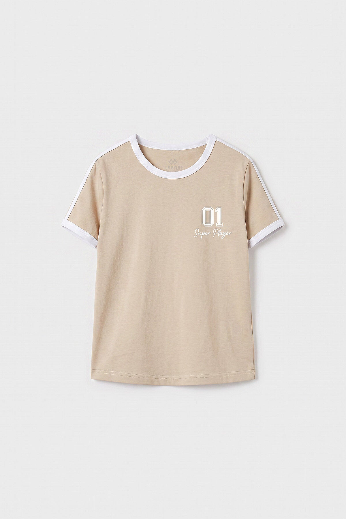 Bej Omuz Biye Detaylı Baskılı Kız Çocuk T-Shirt - 75181