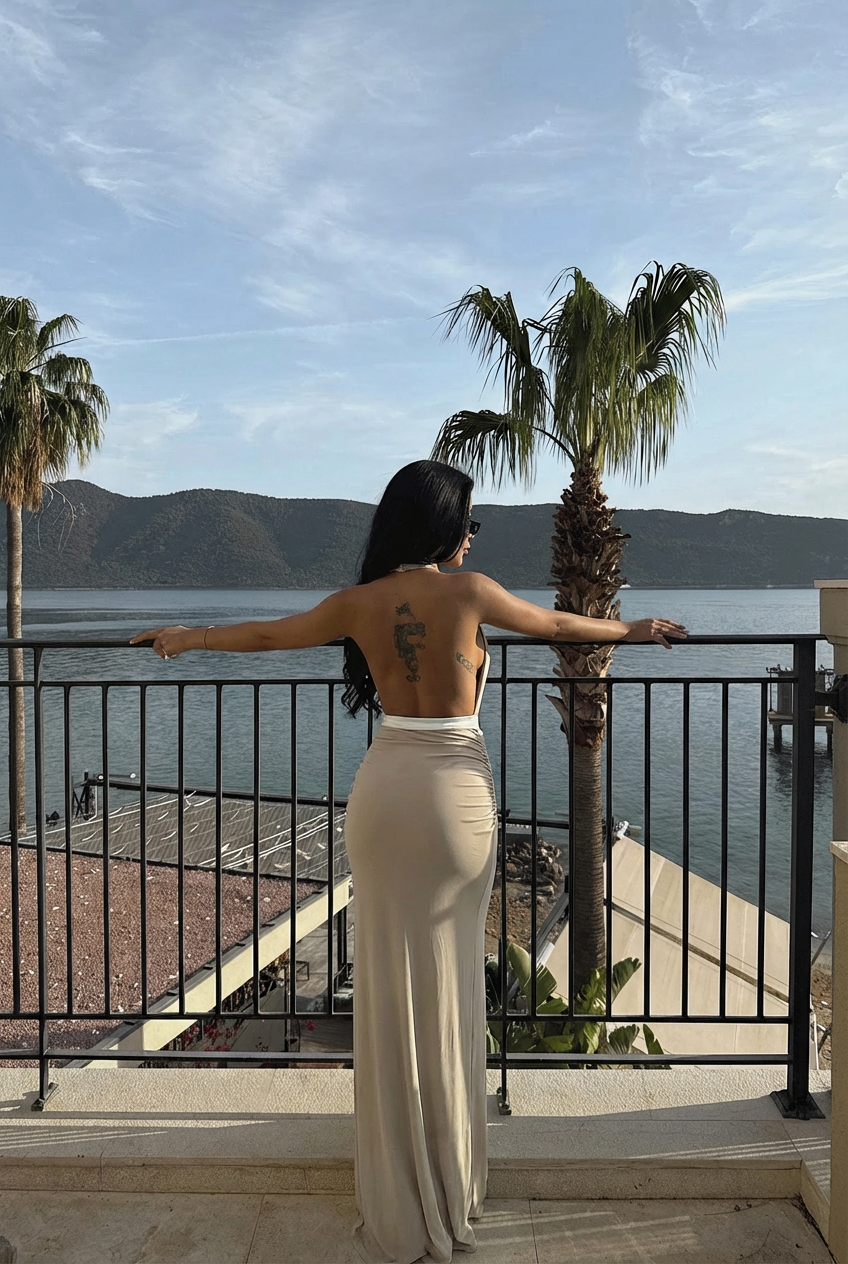 Bej Giselle Fiyonk Detaylı Yırtmaçlı Elbise ATE-3022