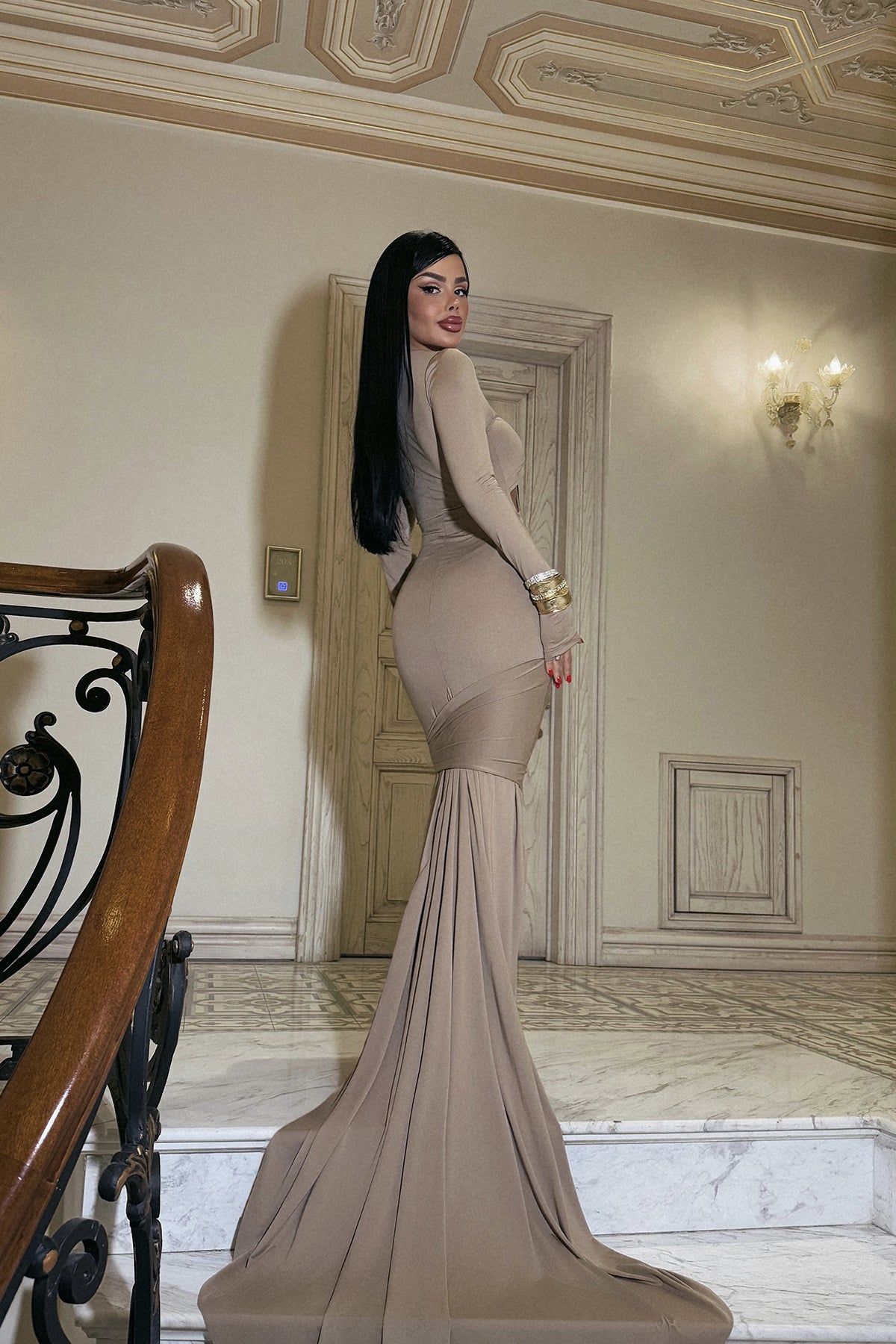 Bej Pencere Detay Uzun Elbise ATE-2265