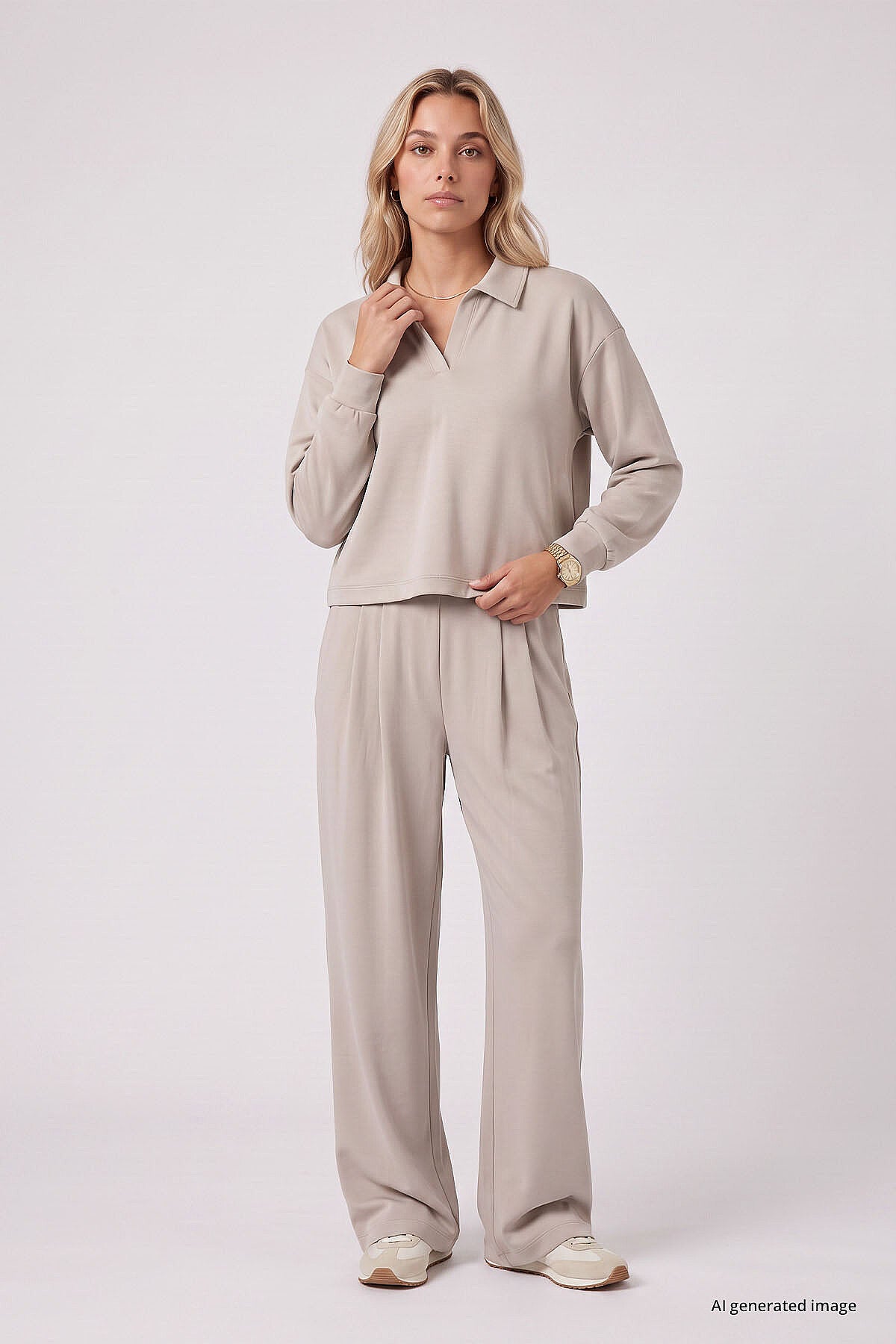 Bej Polo Yaka Rahat Form Geniş Paça Kadın Eşofman Takım - 95358