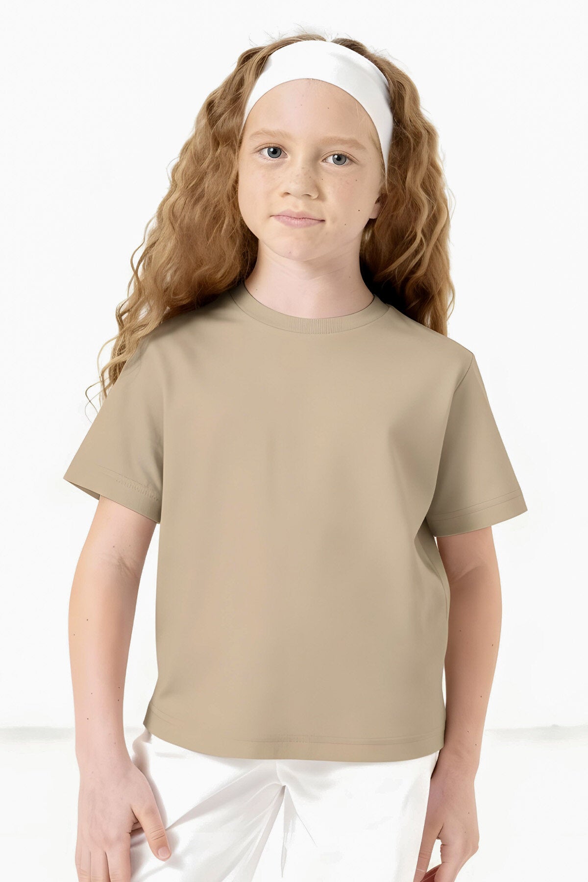 Bej O Yaka Standart Fit Basic Unisex Çocuk T-Shirt - 11328