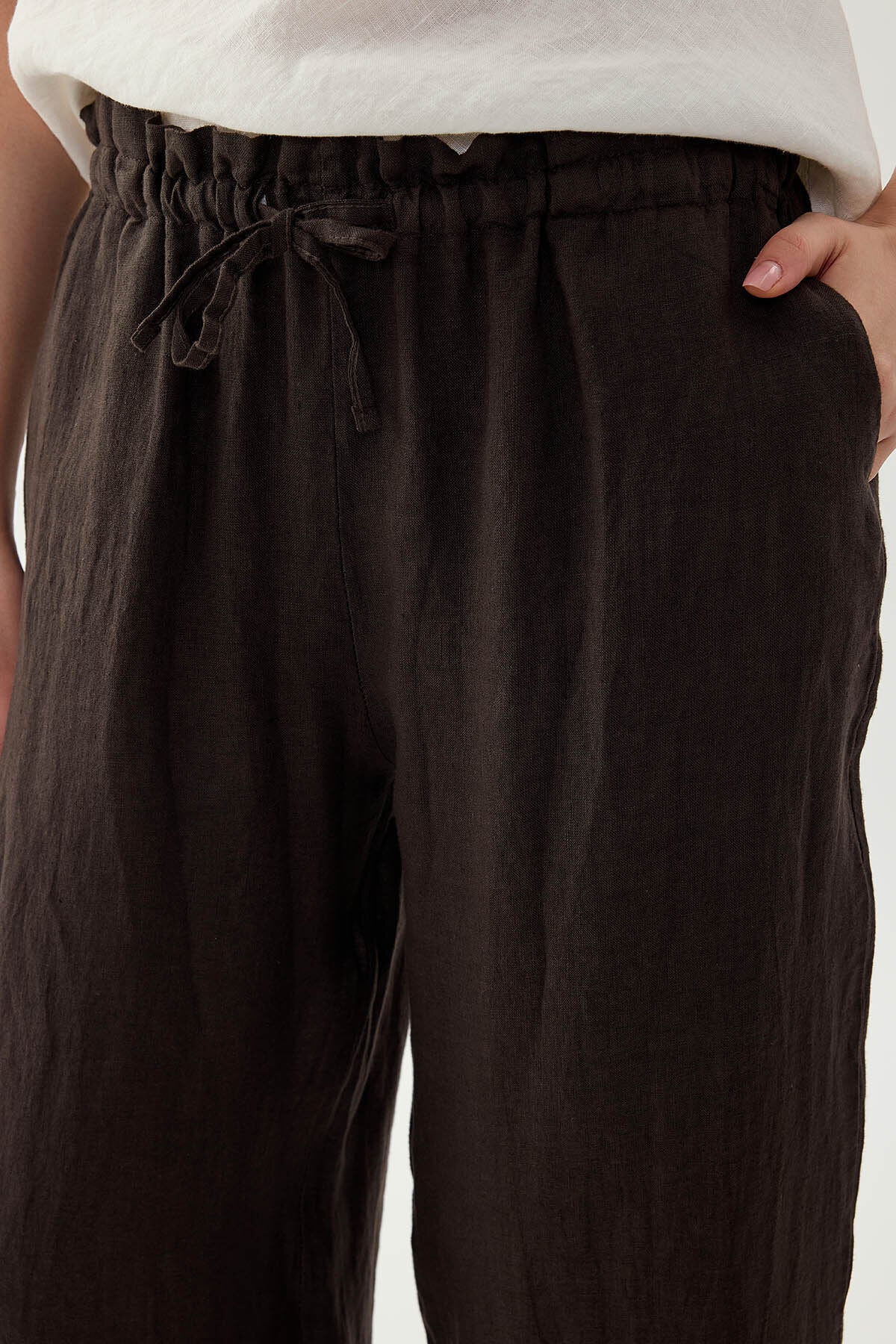 %100 Keten Beli Bağcıklı Pantolon