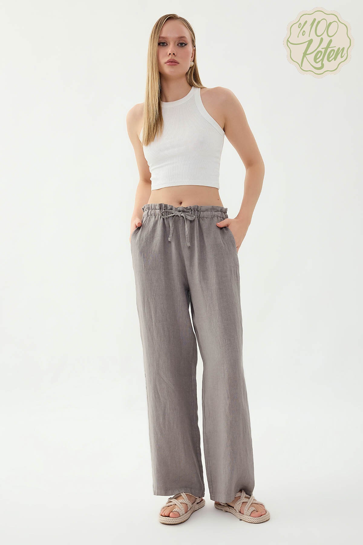 %100 Keten Beli Bağcıklı Pantolon