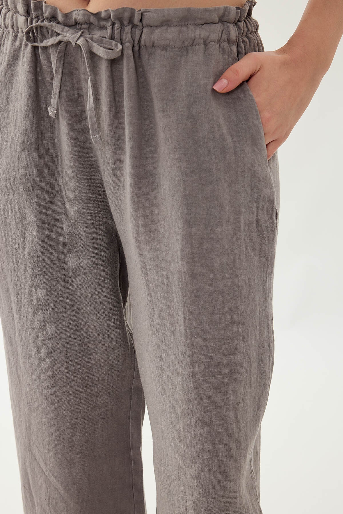 %100 Keten Beli Bağcıklı Pantolon