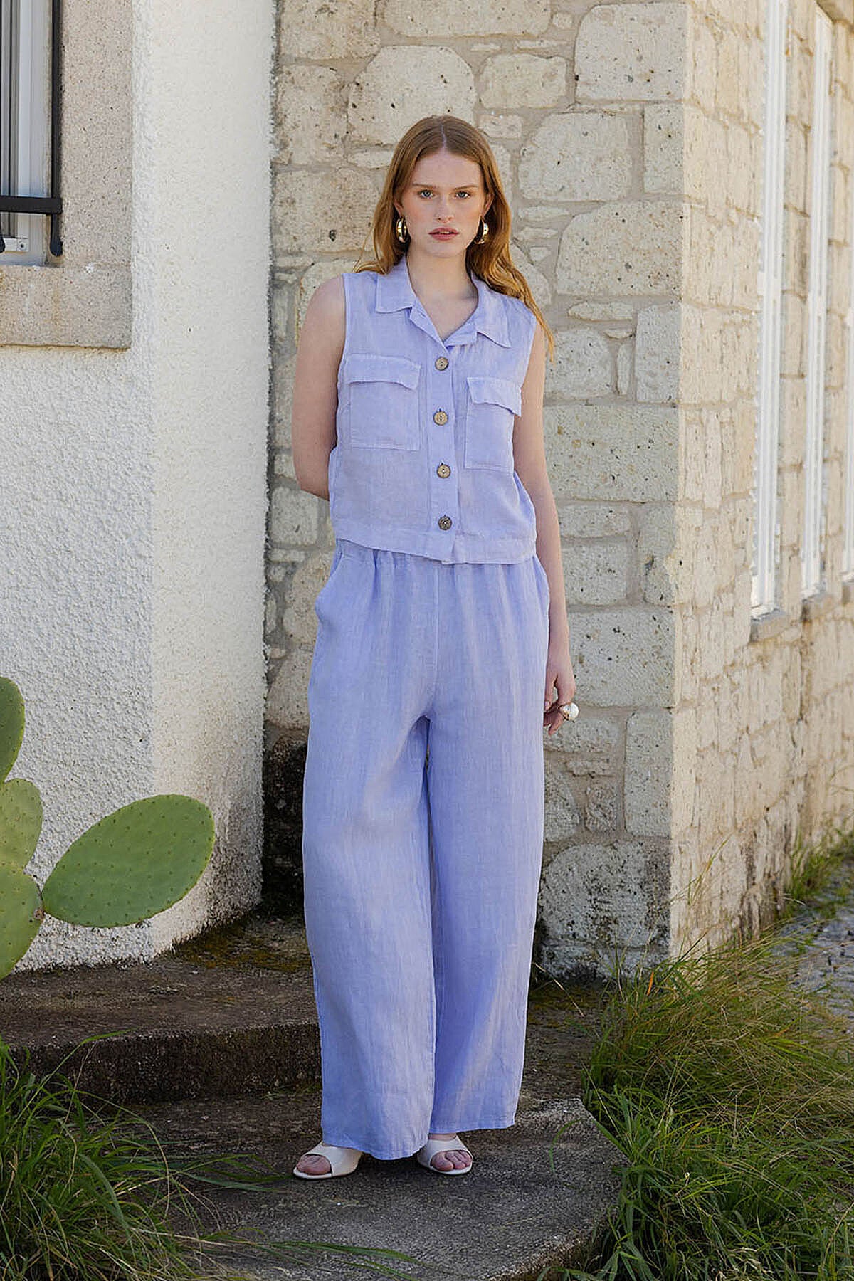 %100 Keten Beli İp Bağlamalı Geniş Paça Pantolon