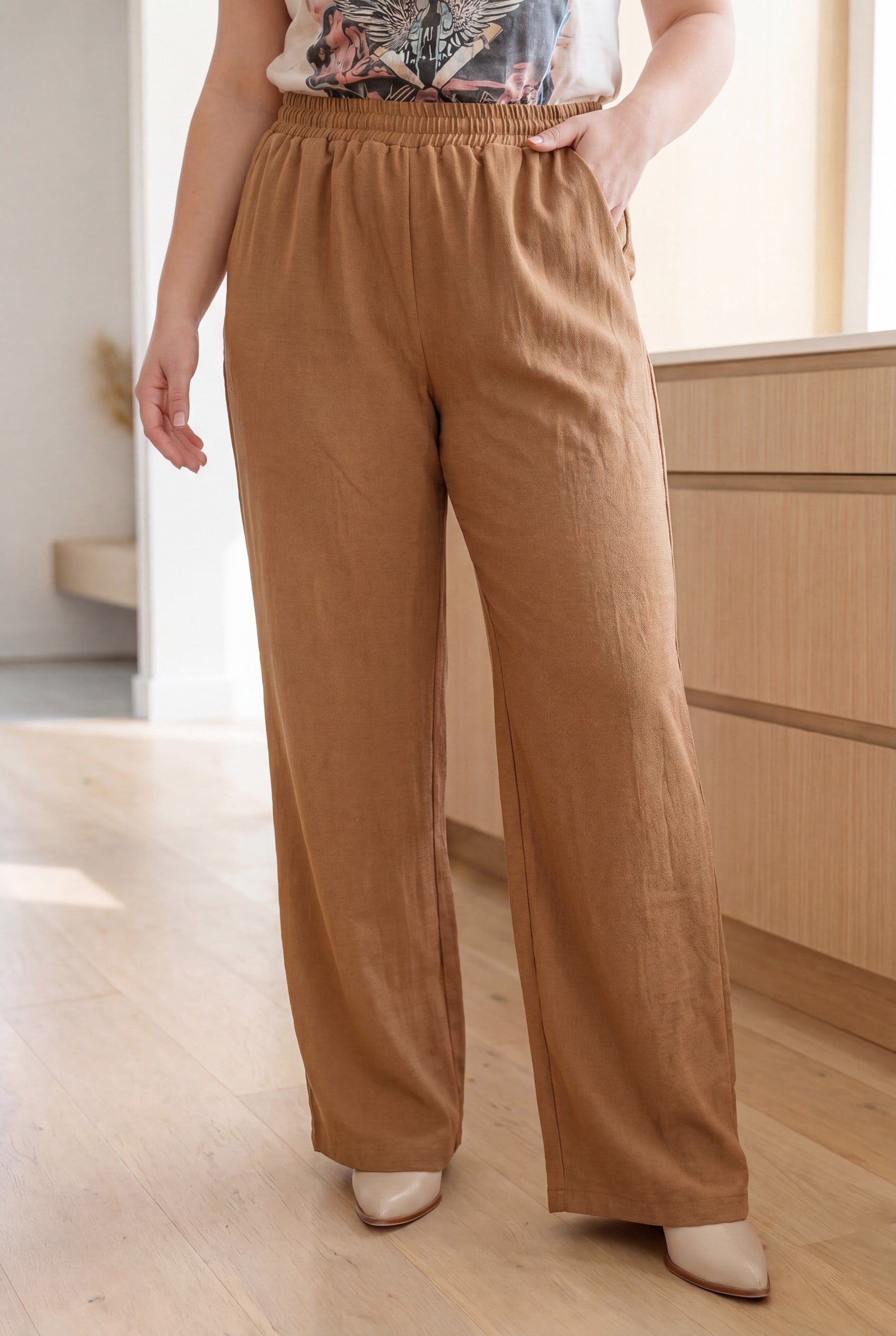 Beli Lastikli Bol Paça Büyük Beden Kadın Keten Pantolon Kahve
