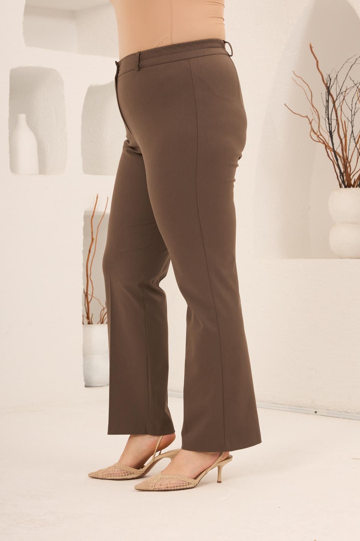 Beli Lastikli Büyük Beden Gabardin Geniş Paça Pantolon Vizon