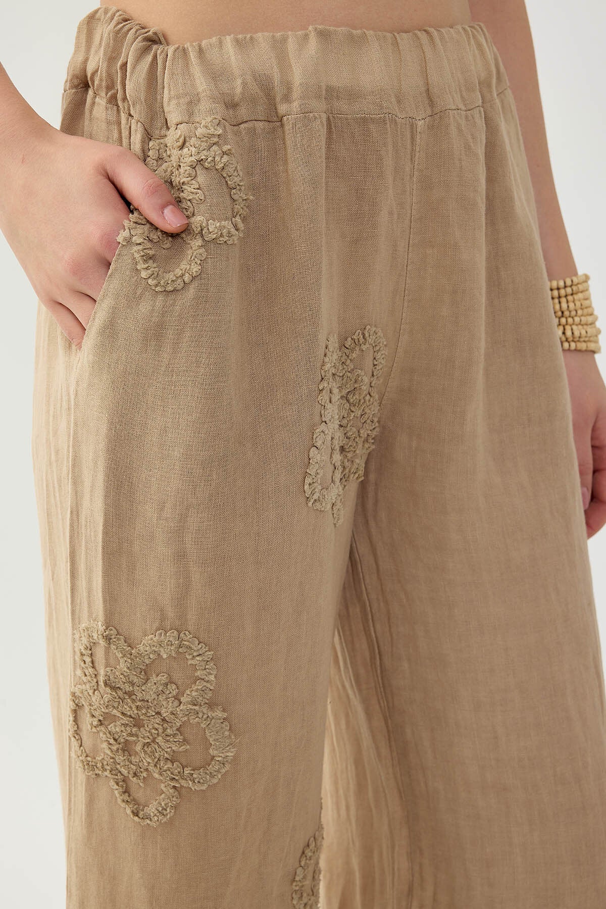 %100 Keten Beli Lastikli Çiçek Motifli Pantolon
