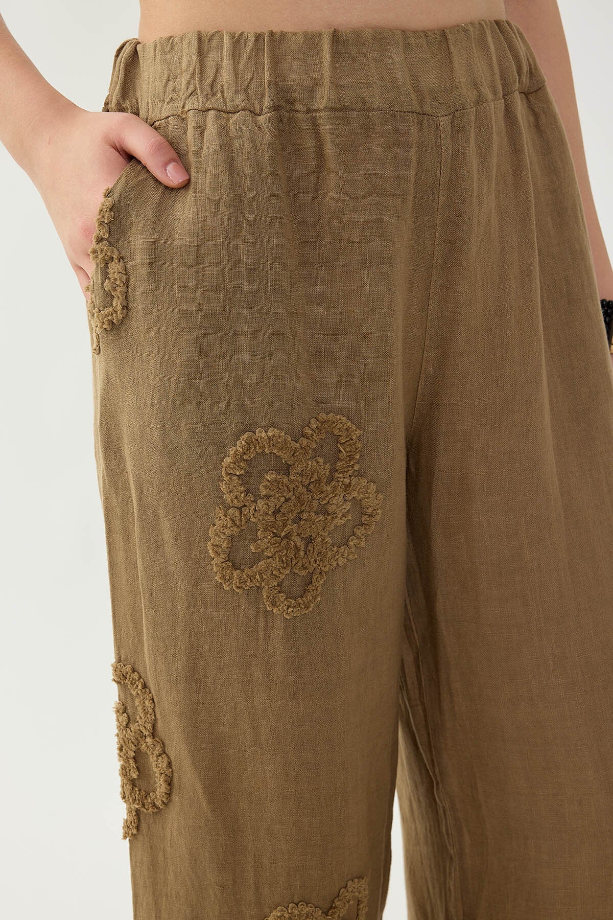 %100 Keten Beli Lastikli Çiçek Motifli Pantolon