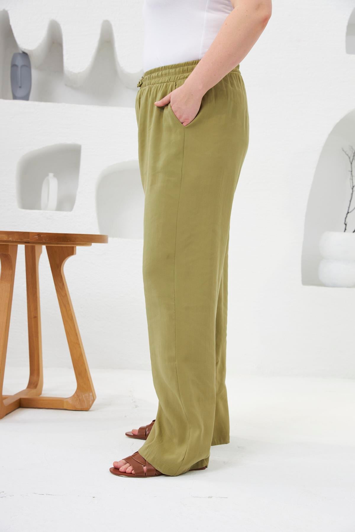 Beli Lastikli Geniş Paça Büyük Beden Pantolon Oliv