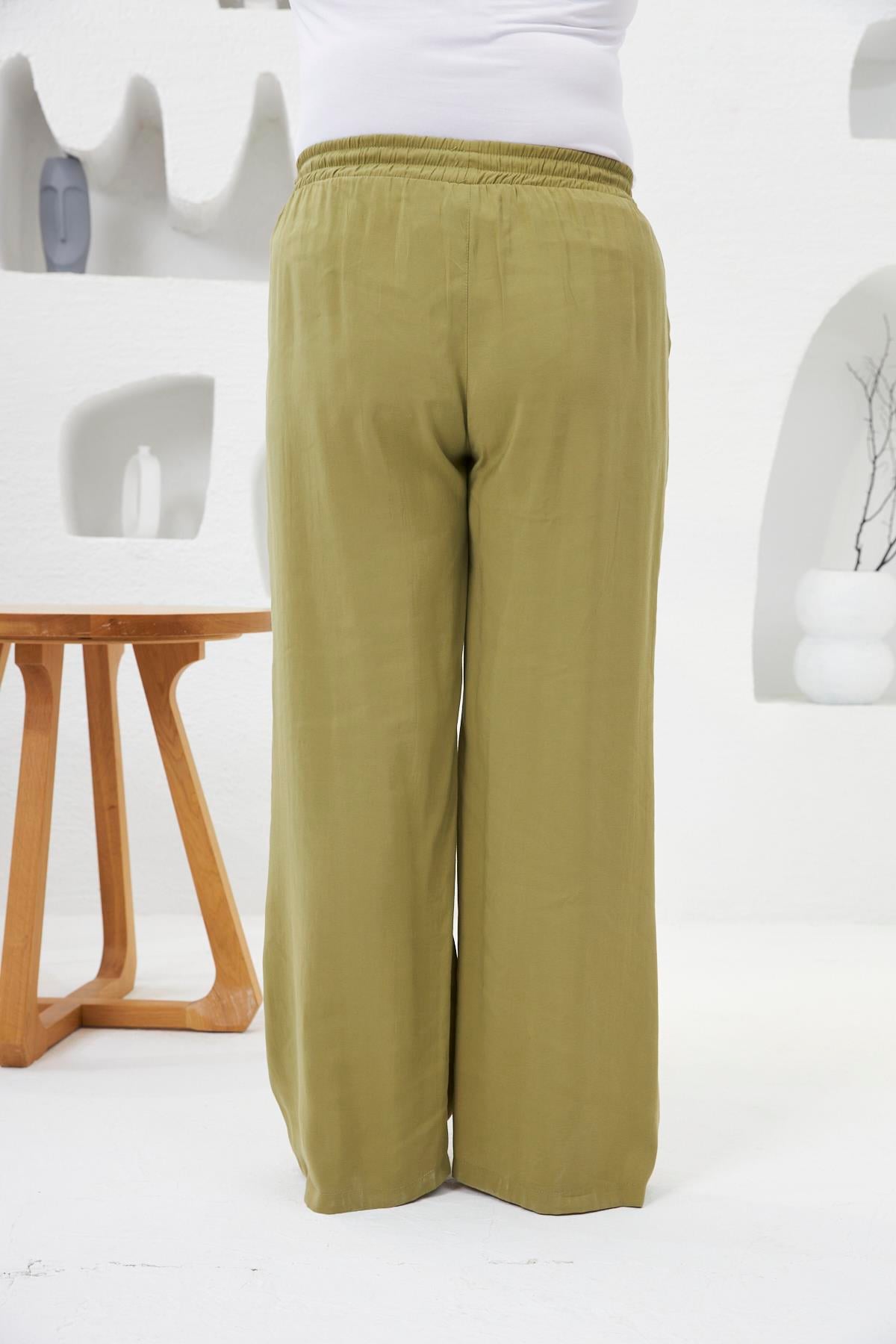 Beli Lastikli Geniş Paça Büyük Beden Pantolon Oliv