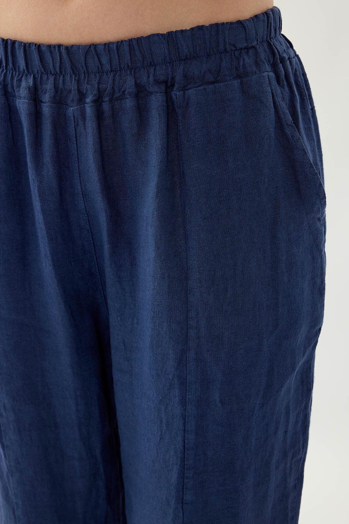 %100 Keten Beli Lastikli Paçası Düğmeli Pantolon