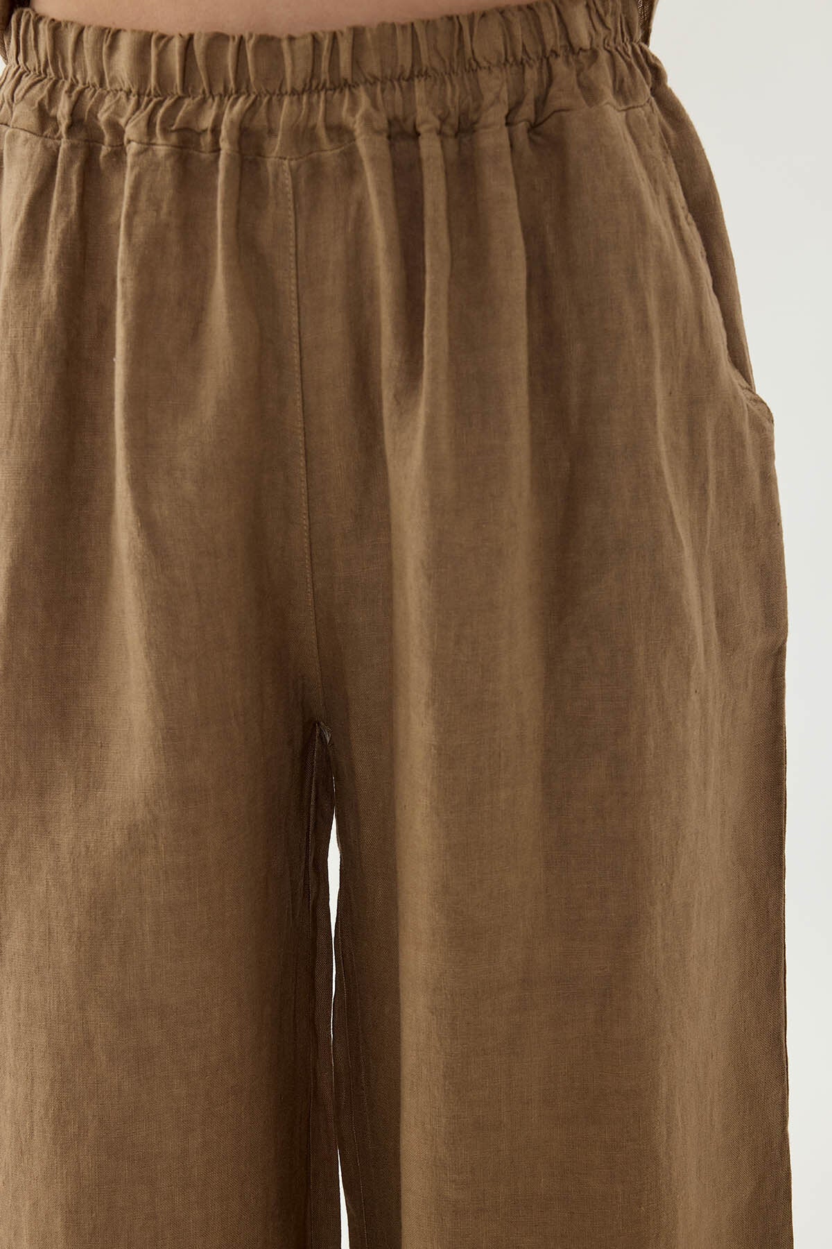 %100 Keten Beli Lastikli Paçası Fileli Pantolon