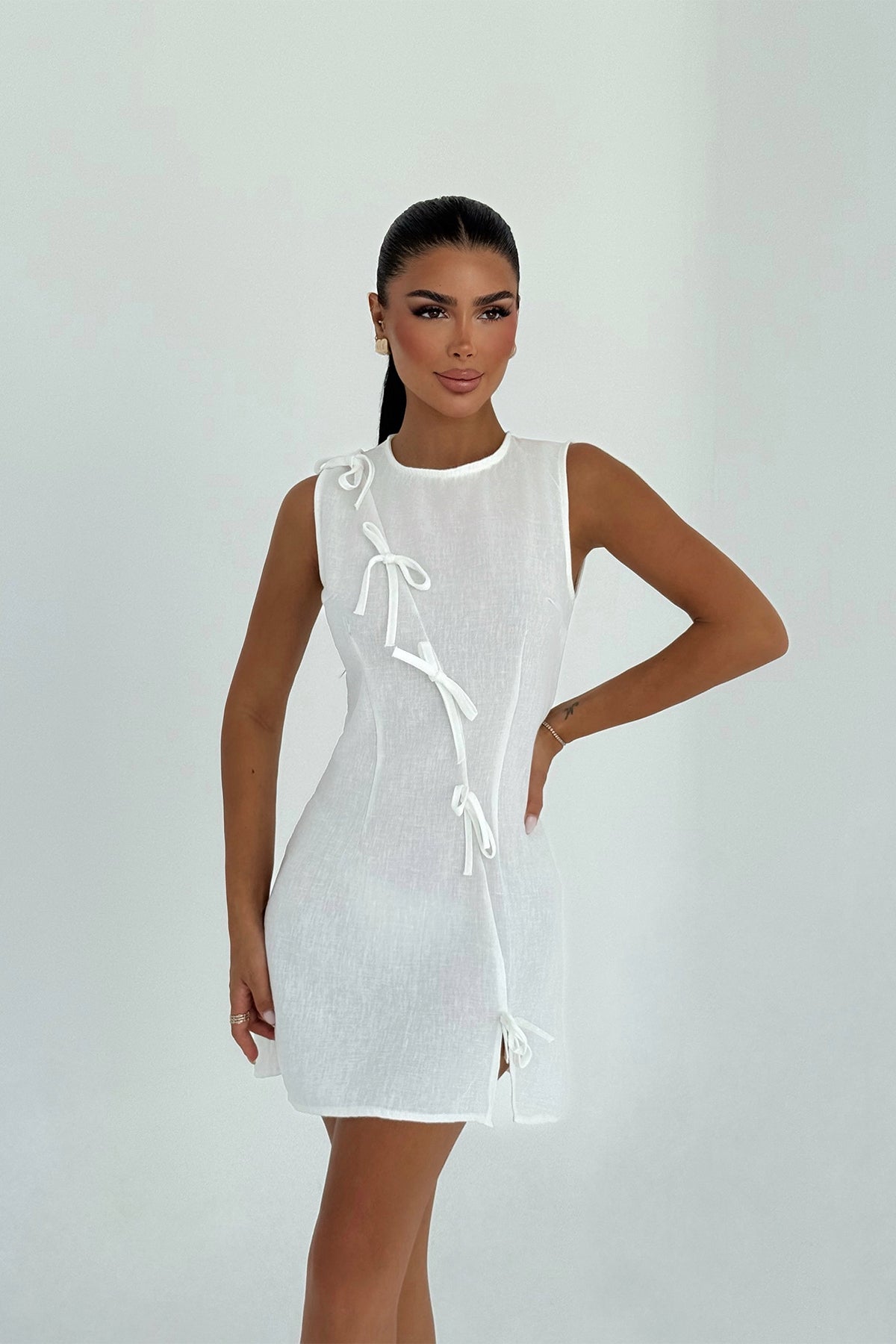 Beyaz Kathy Mini Fiyonklu Elbise ATE-3187