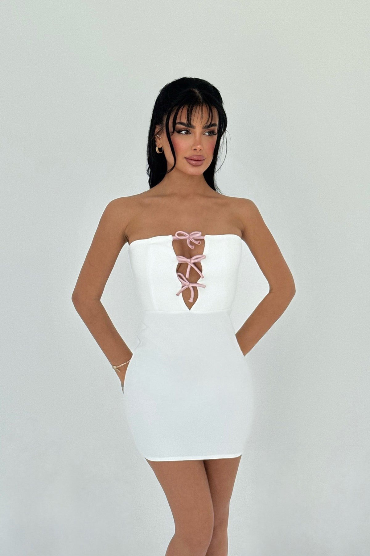 Beyaz Liesel  Kurdele Detaylı Mini Elbise ATE-2776