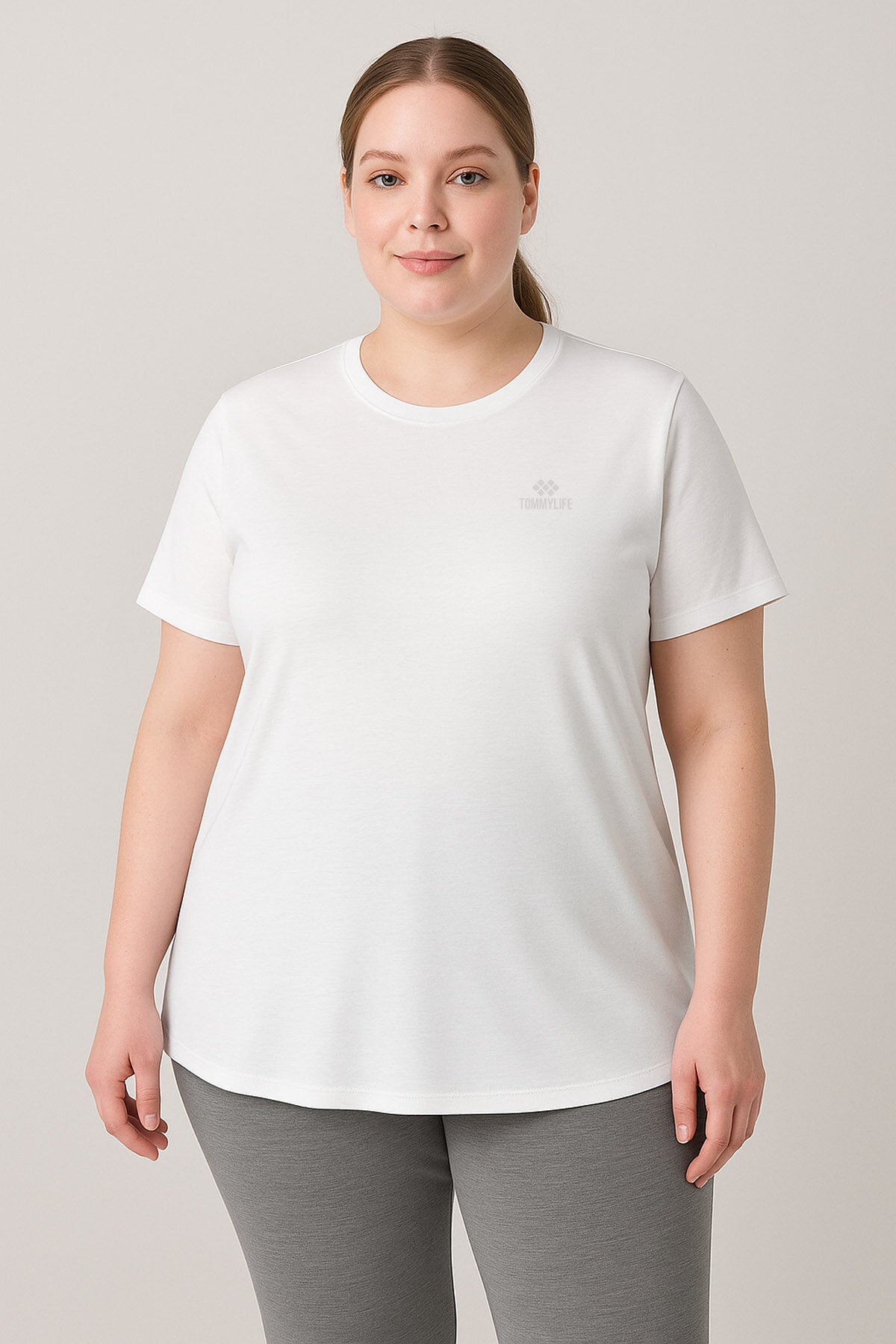 Beyaz Baskılı O Yaka Rahat Form Battal Büyük Beden Kadın T-Shirt - 97308