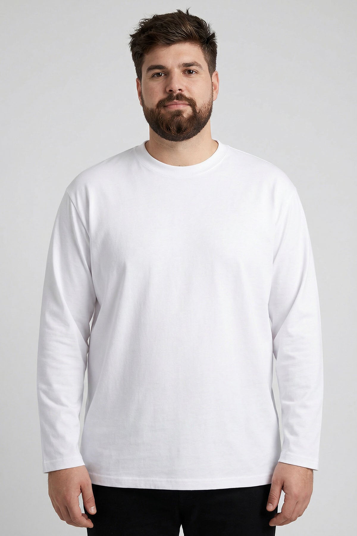 Beyaz O Yaka Rahat Form Battal Büyük Beden Uzun Kollu Erkek T-Shirt - 88107