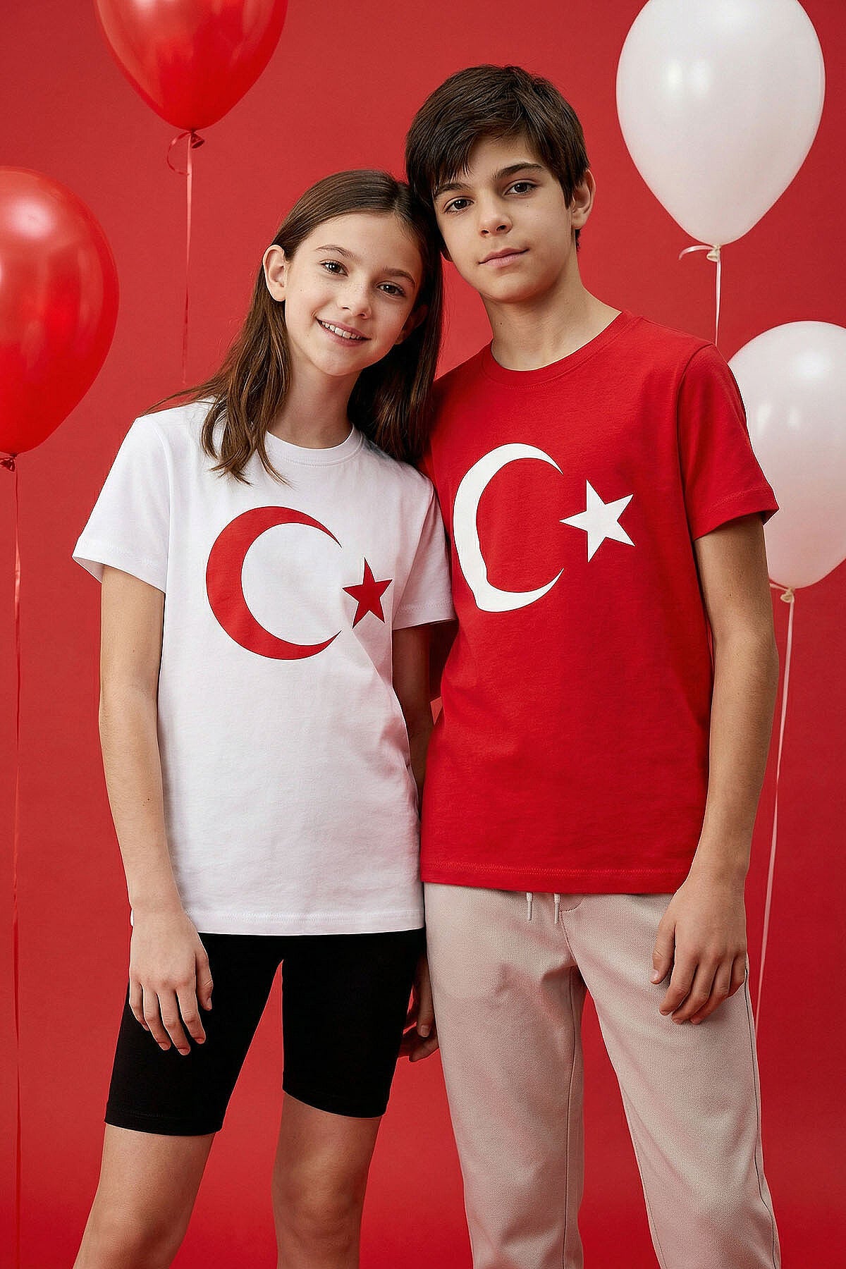 Beyaz Ay Yıldız Baskılı Unisex Çocuk T-Shirt - 11333