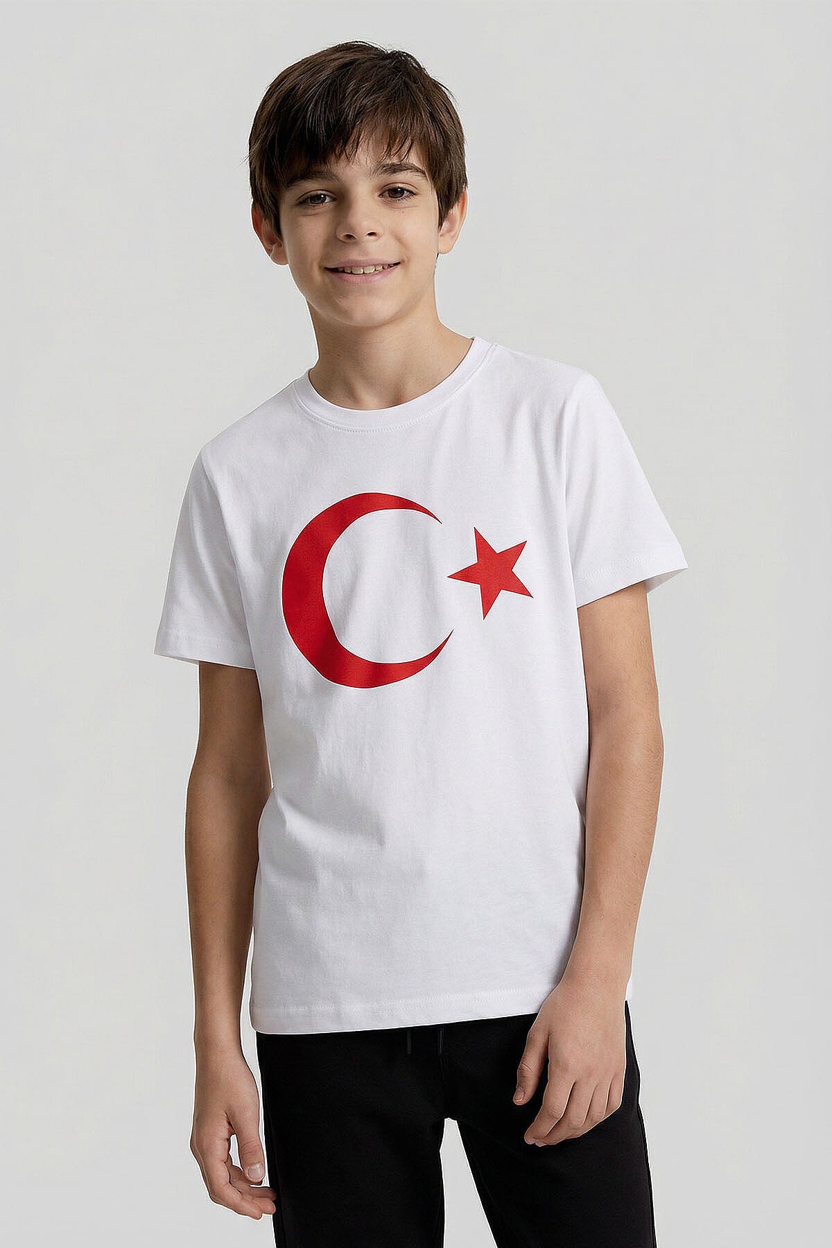 Beyaz Ay Yıldız Baskılı Unisex Çocuk T-Shirt - 11333