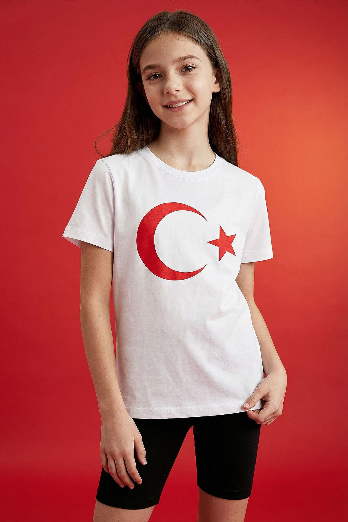 Beyaz Ay Yıldız Baskılı Unisex Çocuk T-Shirt - 11333