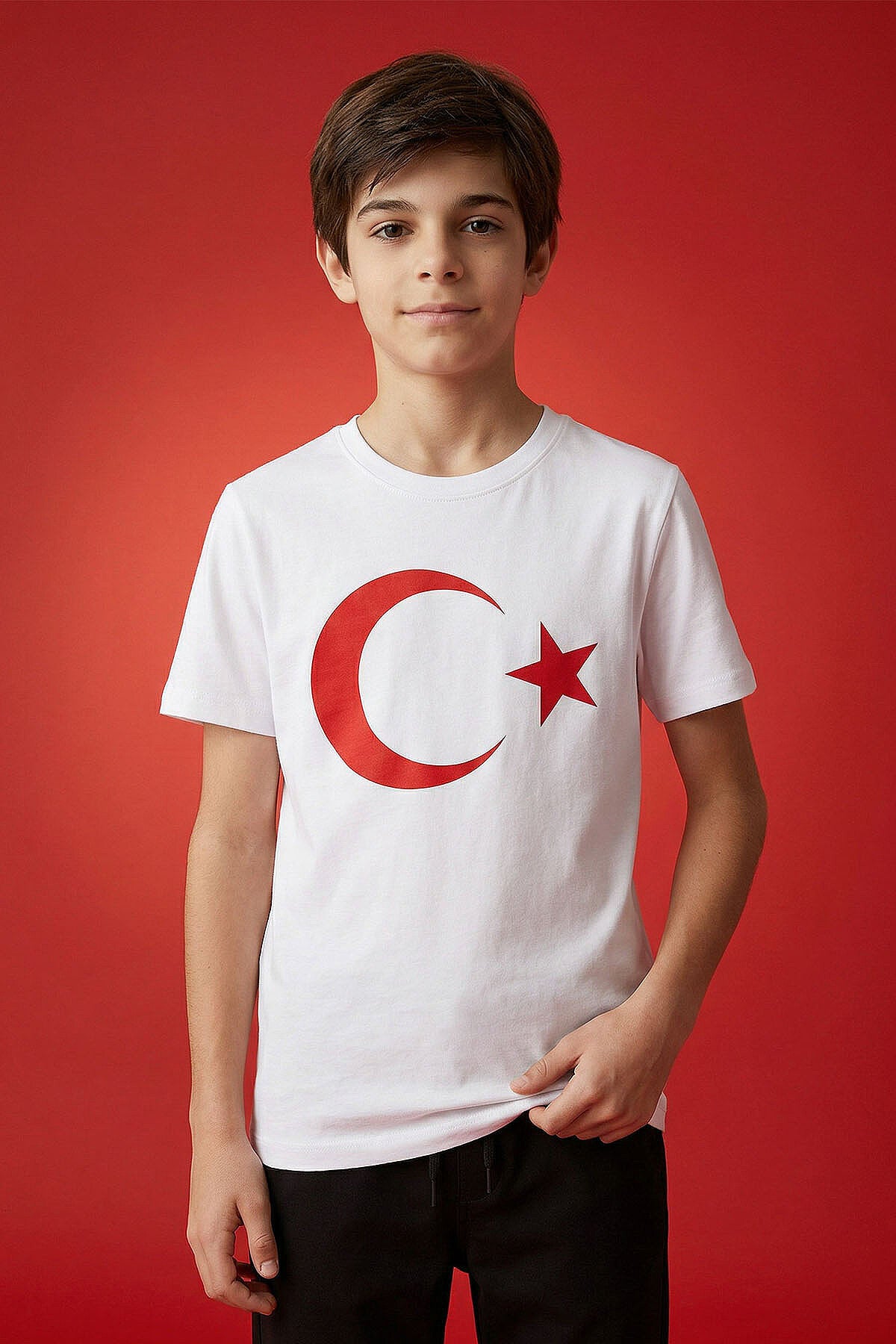 Beyaz Ay Yıldız Baskılı Unisex Çocuk T-Shirt - 11333