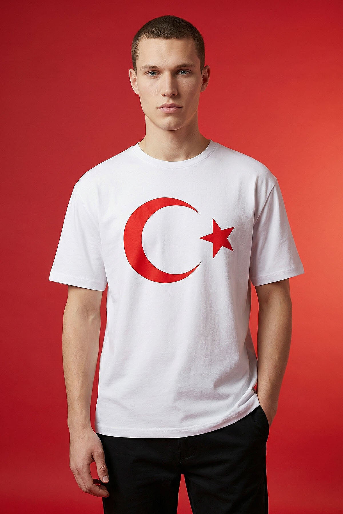 Beyaz Ay Yıldız Baskılı Unisex T-Shirt - 88509