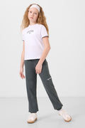 White-Khaki O Neck Printed Elastic Cuff Cargo Pocket Girls Tracksuit - 75173