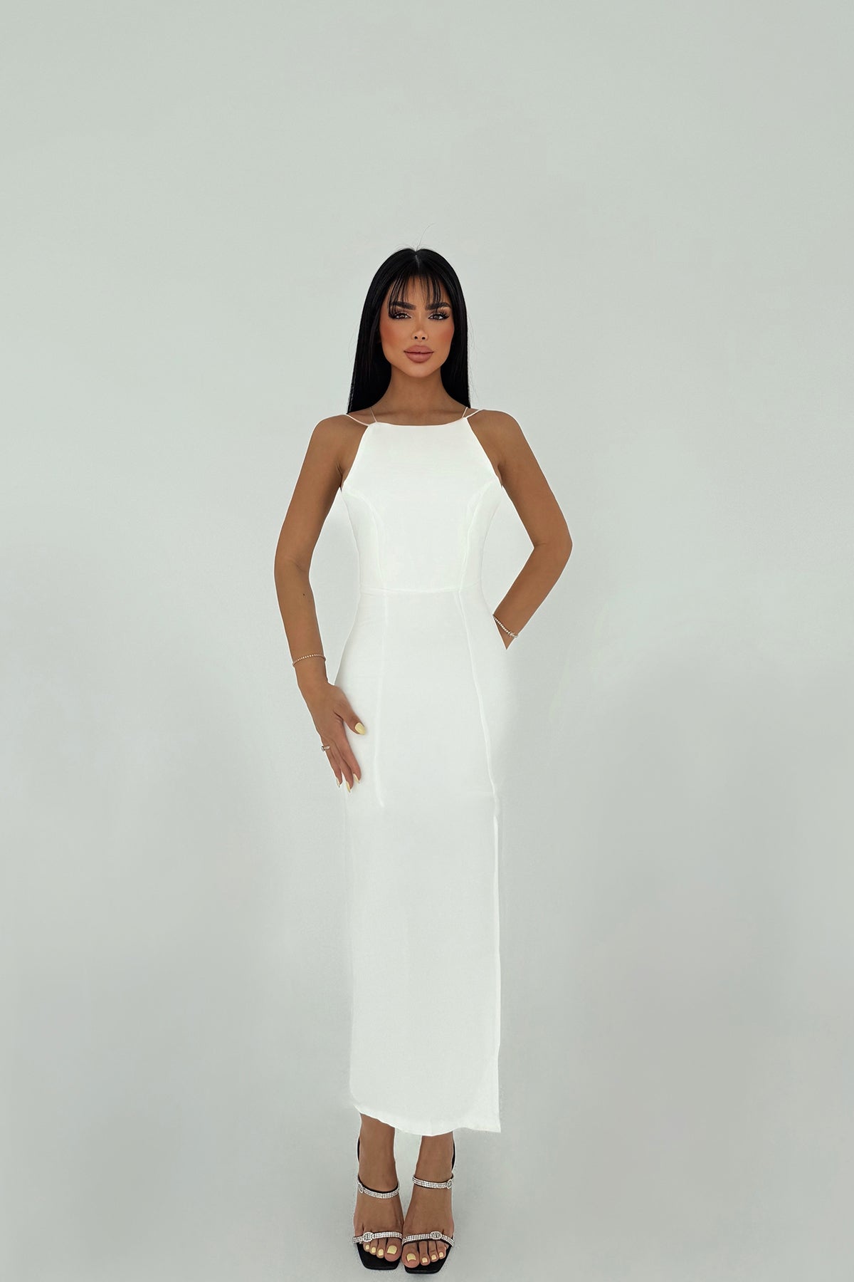 Beyaz Rowena Yırtmaç Detaylı Kalem Elbise ATE-1527