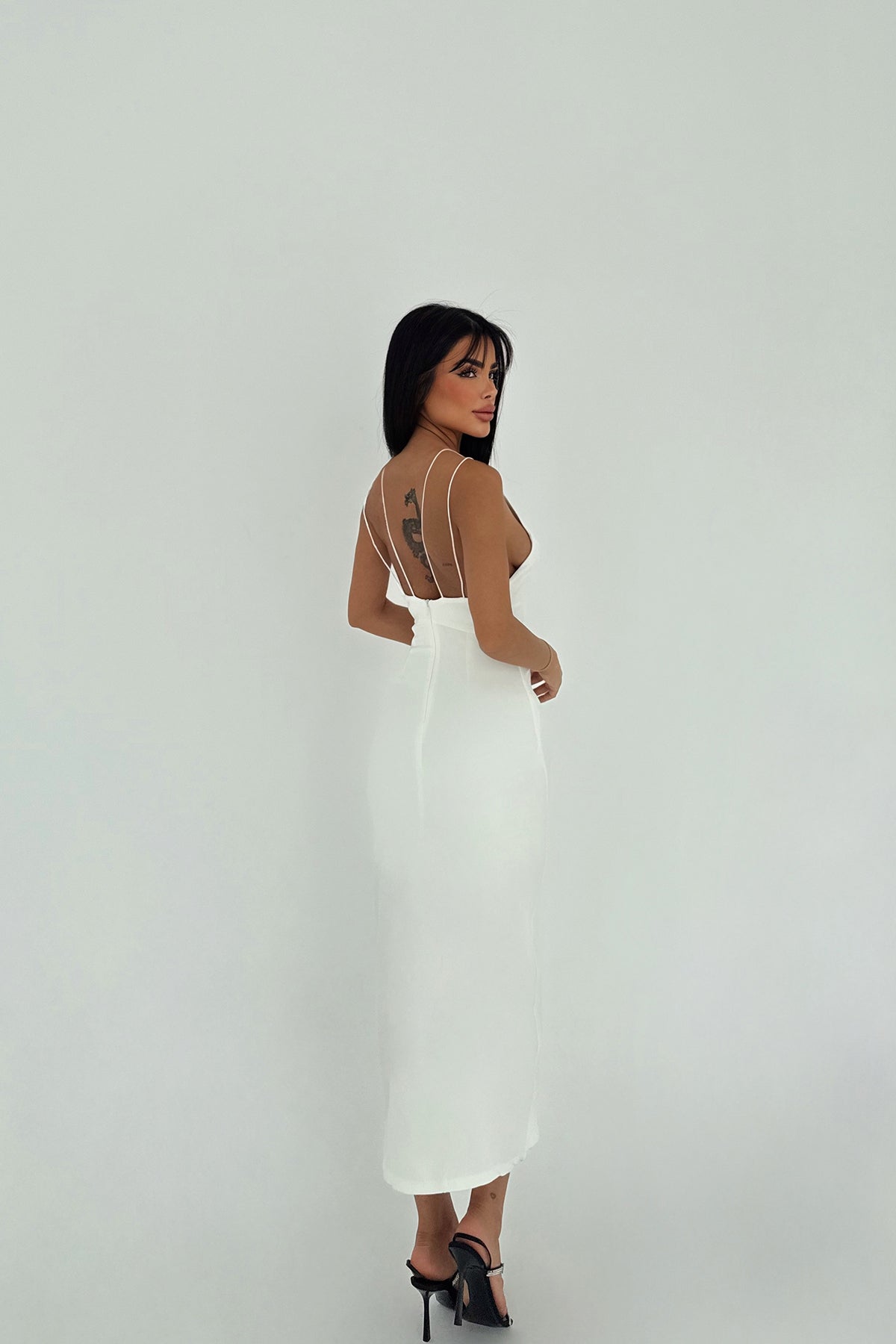 Beyaz Rowena Yırtmaç Detaylı Kalem Elbise ATE-1527