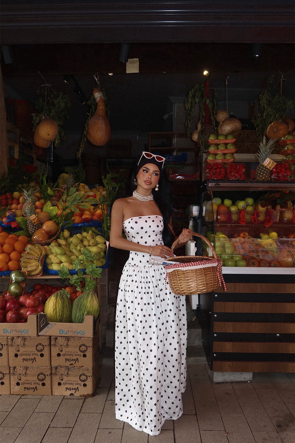 Beyaz Tara Puantiyeli Uzun Elbise ATE-2477