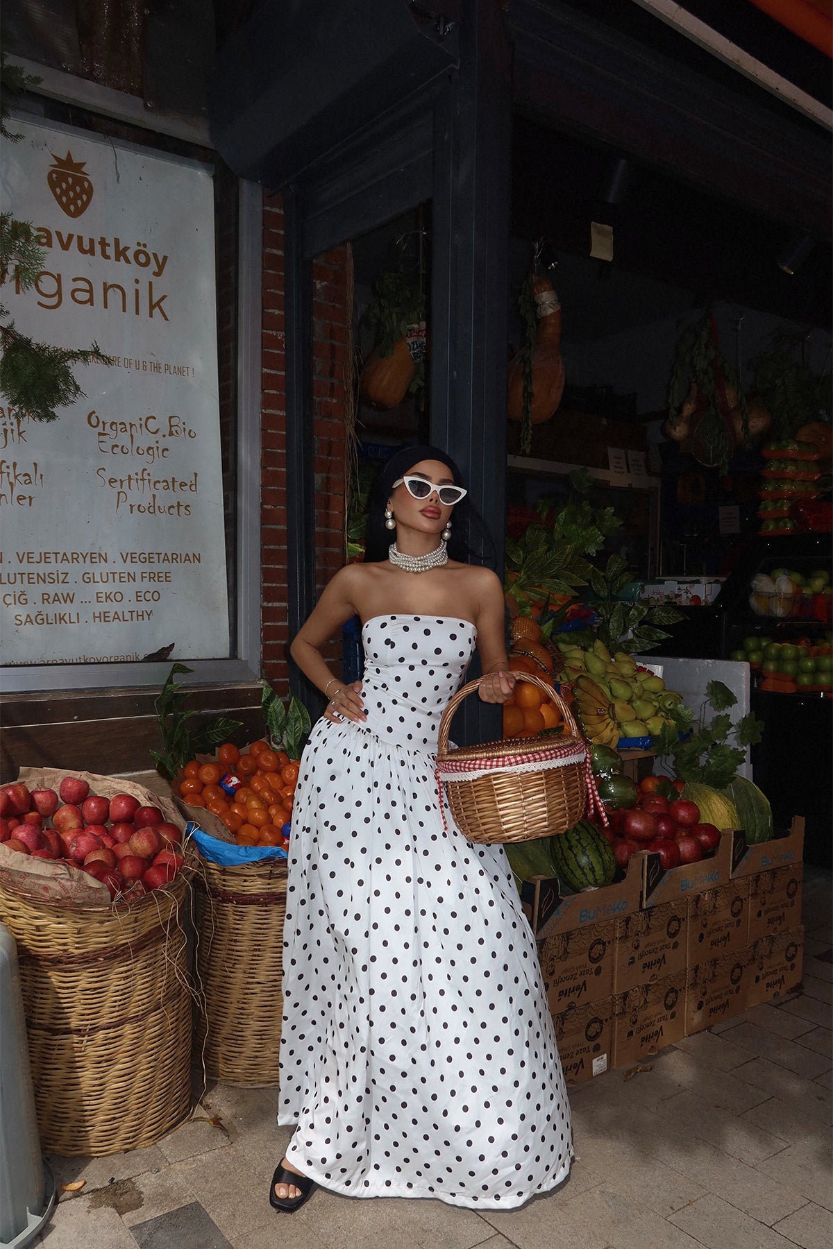 Beyaz Tara Puantiyeli Uzun Elbise ATE-2477