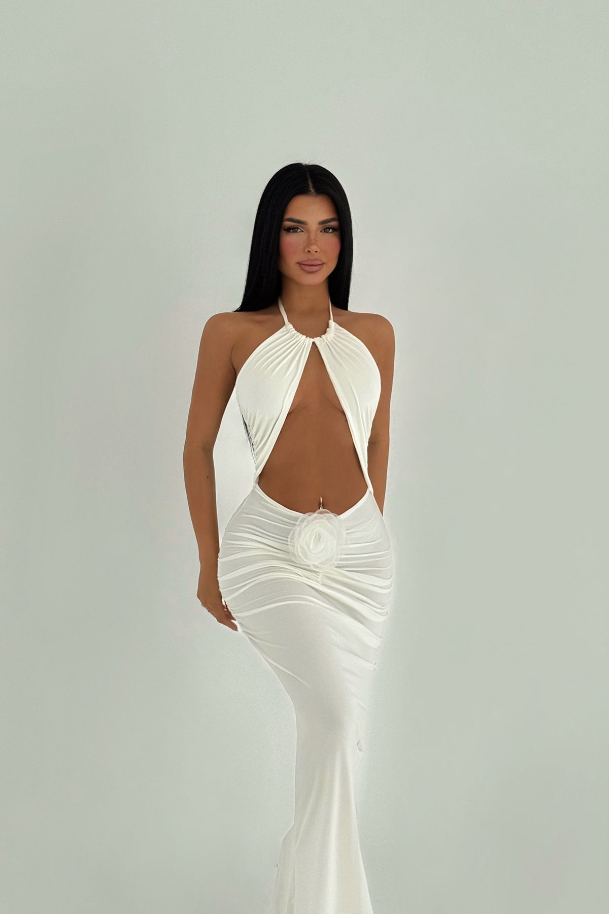 Beyaz Kalika Gül Detay Elbise ATE-1520