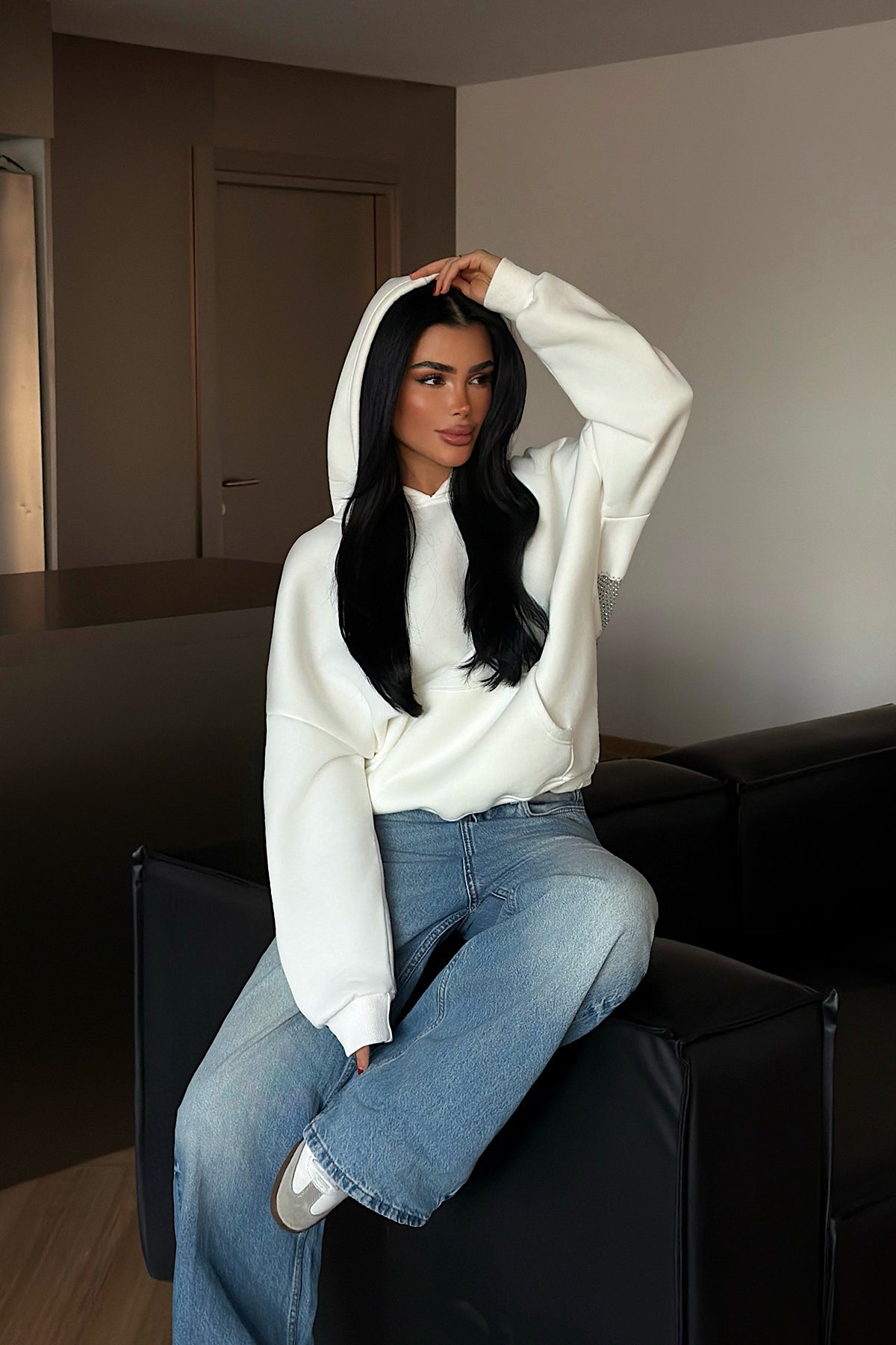 Beyaz Lowell taşlı sweatshirt ATE-4516