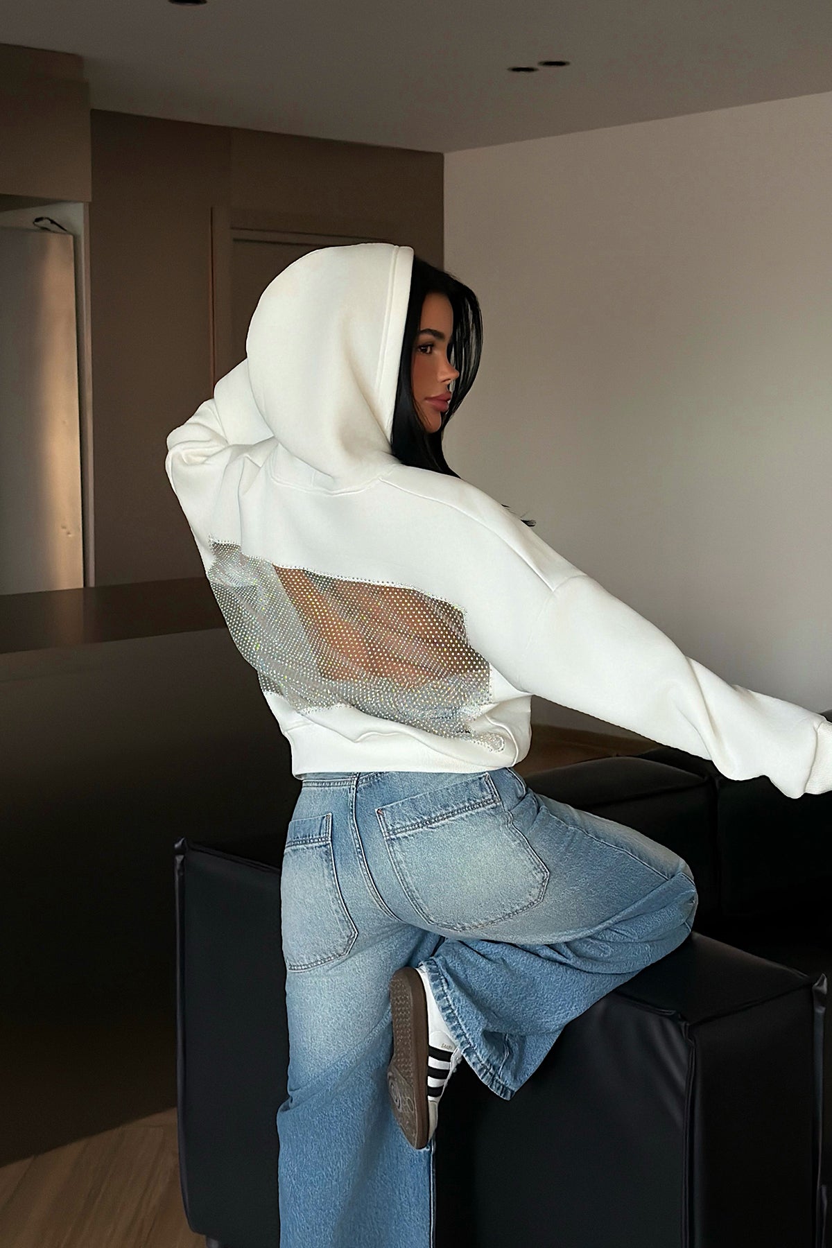 Beyaz Lowell taşlı sweatshirt ATE-4516