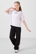White-Black Crew Neck Printed Wide Leg Standard Fit Girls' Palazzo Sweat Suit - 75171