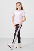 White-Black O Neck Side Stripe Detail Standard Fit Performance Girls' Leggings Set - 75191
