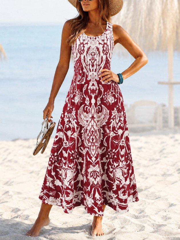 Women's Strappy Round-Neck Patterned Long Single-Jersey Dress